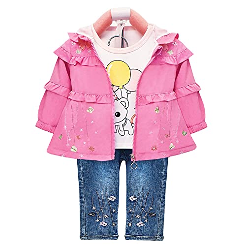 Peacolate 6 Meses-4 años Conjuntos de Ropa para bebés y niñas pequeñas Conjunto de Tres Piezas con Capucha Abrigos Chaquetas Camiseta y Jeans (Rosa, 1-2a) Cover