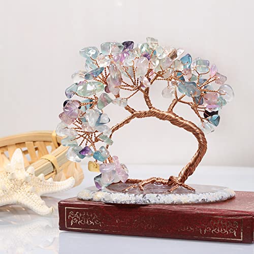 KYEYGWO Fluorite Crystal Money Tree FengShui Bonsai Figurines with Agate Slices Base - Image 3