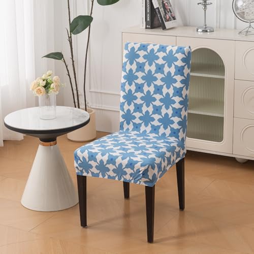 Image of House of Quirk Elastic Chair Cover Stretch Removable Washable Short Dining Chair Cover Protector Seat Slipcover (Pack of 1, Indigo Motif)