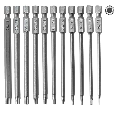 Sinand 11 Stück Torx Schraubendreher Bit Set, 1/4'x100mm Magnetisch Torx Bit Set Lang, T6/T7/T8/T9/T10/T15/T20/T25/T27/T30/T40 Elektrische Bits Set