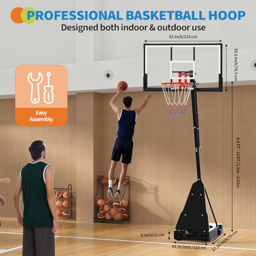 Image of Basketball Hoop, 52 Inch Shatterproof PC Backboard, 4.9-10FT Height Adjustable Basketball Hoop Goal System,Mobile Stand with Wheels Weighted Base,Youth&Adults, Driveway Backyard Pool Play