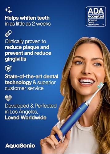 Image of Aquasonic Adult Vibe Series Ultra-Whitening Toothbrush A- Ada Accepted Electric Toothbrush-8 Brush Heads & Travel Case A- 40,000 Vpm Motor & Wireless Charging-4 Modes W Smart Timer A- Sapphire Blue
