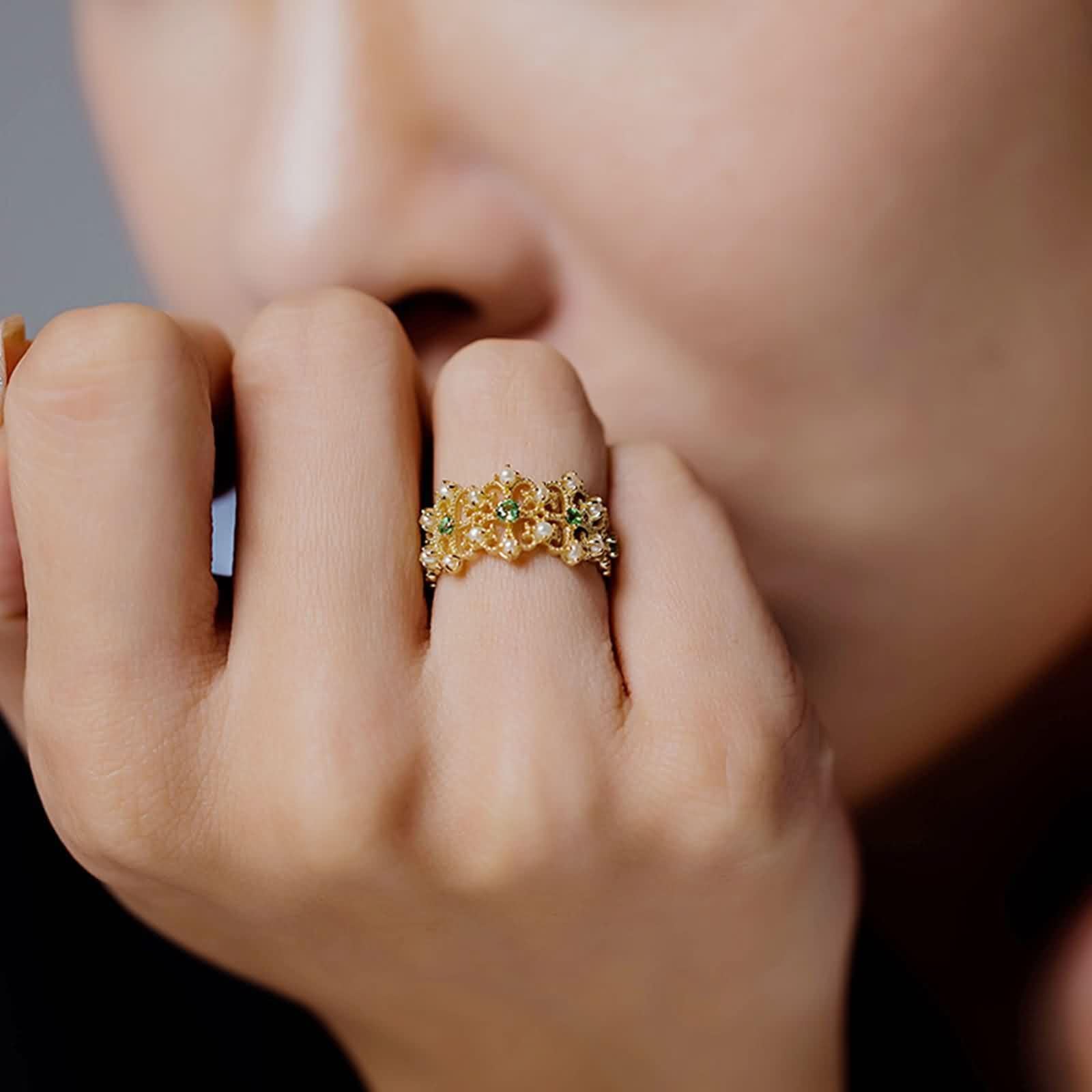 Anelli Fidanzamento Donna, Anello in Oro Giallo da Donna Fiore Cavo con tsavorite e Perle