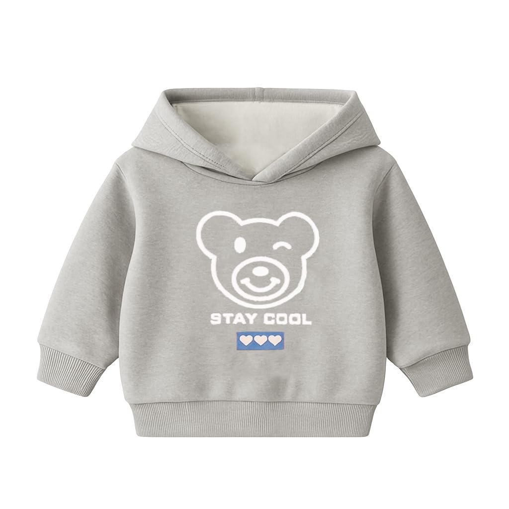 Bold N Elegant Cartoon Bear in Hood Print Kids Full Sleeve Warm Thick Fur Fleece Winter Tshirt Sweatshirt Hoodie for Infant Toddler Baby Boy & Girl (6-12 Months, Light Grey)