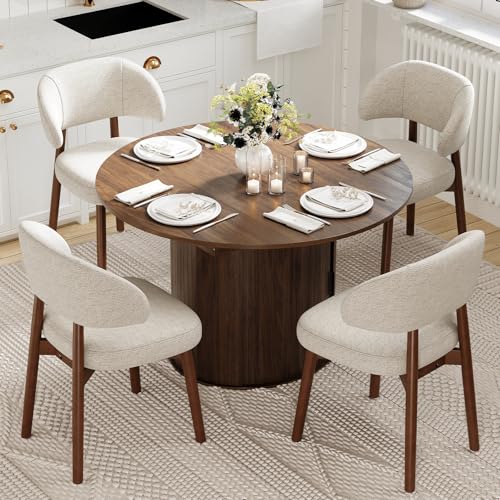 Image of MALOL 47 inch-63 inch Extendable Round to Oval Dining Room Table Chairs Set for 4-8, Modern Wooden Kitchen Table and Chairs with Hidden Storage and Fluted Design for Dining Room /Small Space(Walnut and Beige)