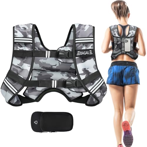 BAGAIL Weighted Vest, 5lbs/8lbs/10lbs/12lbs/15lbs/20lbs/25lbs/30lbs Weight Vest with Detachable Phone Pouch, Rucking Vest for Women, Men, Walking, Weight Loss, Training, Running