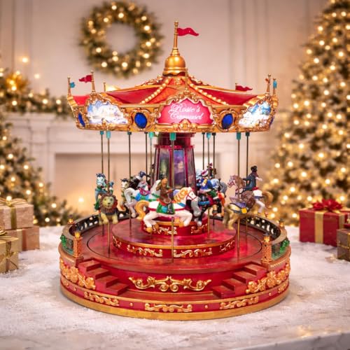 MOMENTS IN TIME Animated Rosies Carousel (Moving Carousel) 15.2H LED Lights 8 Classic Carols Christmas Music Adapter Included Christmas Village Handcrafted Polyresin Moving Carouse