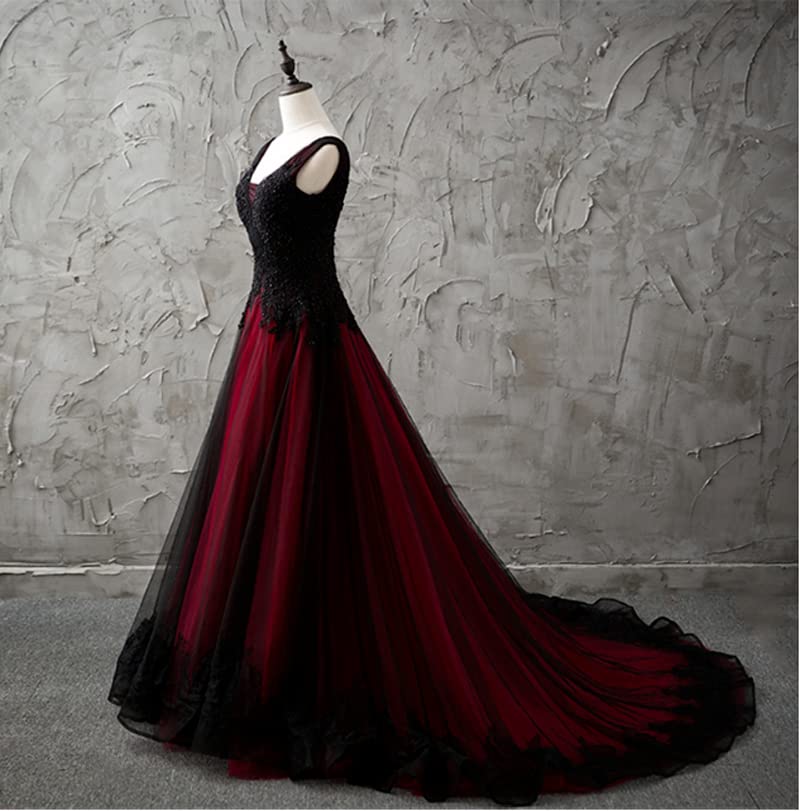 ZVOCY V-Neck Wedding Dresses Gothic Black Tulle Lace Applique Formal Prom Ball Gowns2