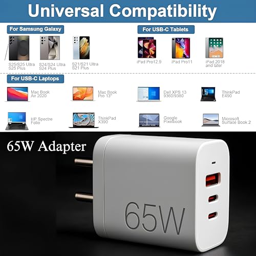 Image of 65W Fast 3 Port Charger Adapter Compatible with Samsung S25 /S24 /S23 /ultra /plus, Nothing Phone 3a Pro /3a /2 /2a, Hp /Dell /Infinix /Realme /Lenovo /Galaxy Laptop, MacBook Pro /Tablet, 1-Year Warranty, White