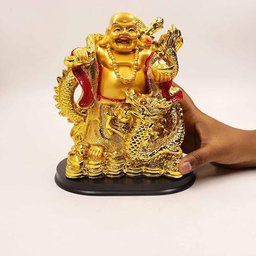 Image of Spillbox Resin Golden Happy man Statue|Laughing Buddha|Feng Shui|Show Piece|Gift Item |Vastu|Decorative Showpiece for Home Decor|Office Desk Table (Happy Man with Dragon)