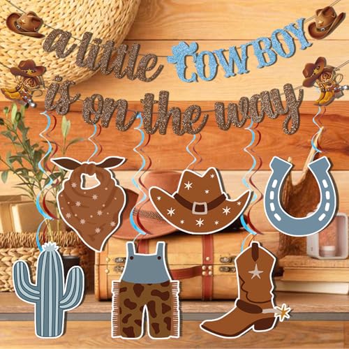 Image of A Little Cowboy Is On The Way Banner Cowboy Baby Shower Decorations Western Baby Shower Decorations with Cowboy Decorations Hanging Swirls Cowboy Party Decorations for Baby Boy Shower Decorations