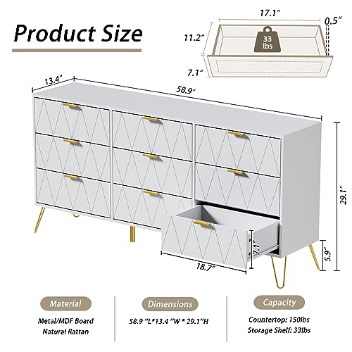 UEV White Dresser for Bedroom,Modern 9 Drawer Chest with Gold Accents,Long Storage Dresser for TV Stand & Closet,Large Chest of Drawers for Bedroom