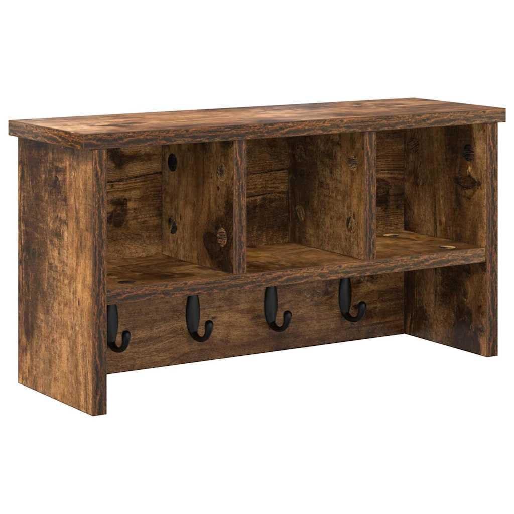 Porte-manteau mural bois fumé accueillant avec étagères pour entrée chaleureuse