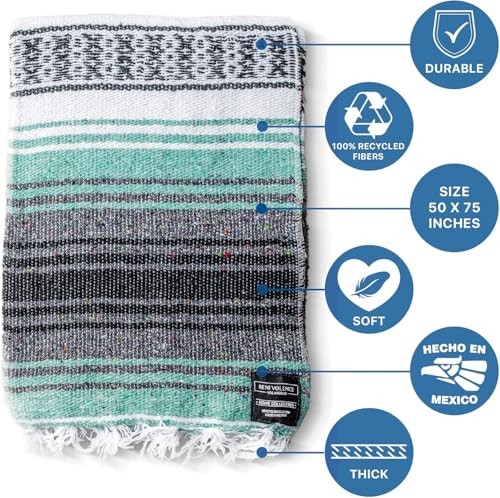 Benevolence LA Authentic Handwoven Mexican Blanket | Yoga Blankets, Outdoor, Picnic, Beach, Camping | Equestrian Saddle | Serape 50x70 inches - Mint, Pack of 1