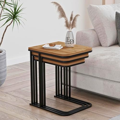EMIDECO Tables gigognes Lot de 3 Bois Clair métal Noir – Tables d’appoint empilables Salon Modernes – Ensemble Tables Gain de Place Design Contemporain