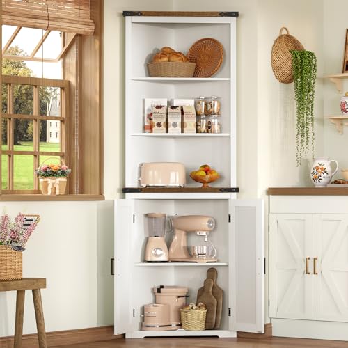 Image of TEENFON Farmhouse Corner Cabinet, 70 inch H Tall Corner Hutch with 5 Shelves & 2 Barn Doors, Bathroom Cabinet with Adjustable Shelf, for Living Room, Kitchen, Bathroom, White