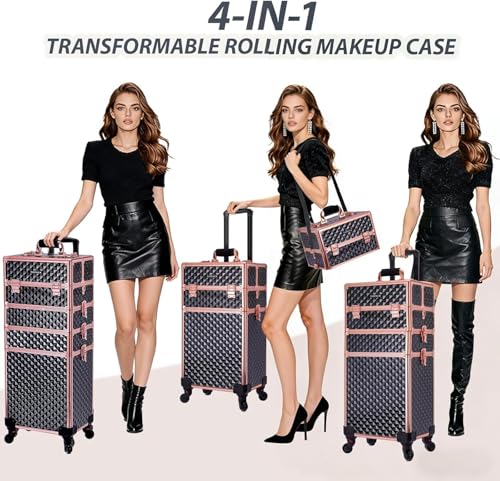 Image of TOPACK Professional 4-In-1 Rolling Makeup Train Case, Large Makeup Travel Case with Key Shoulder Strap /Handle Cushion I Makeup Train Case I Makeup Nail Cart I Cosmetology Case on Wheels(Black Glod)