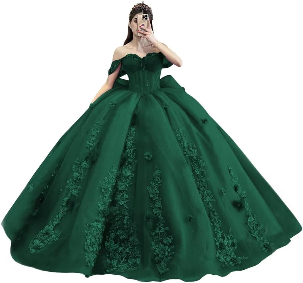Yifanier Princess Off Shoulder Quinceanera Dresses Tulle Quinceanera Dresses with Bow Ball Gowns Tulle Sweet 16 Dress MT014 Green