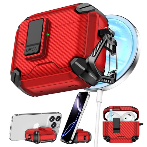 Image of Pohgelan Compatible with AirPods 4 Case Carbon Fiber Texture(Red) | Magnetic Automatic Lock with Phone Stand & Cleaning Kit,Compatible with Magsafe