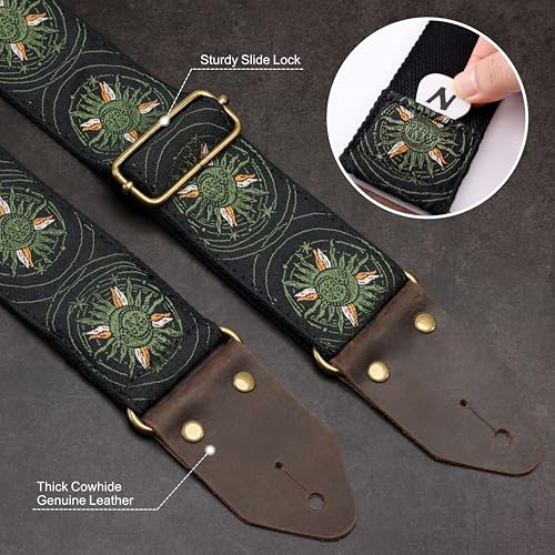 Image of Nefelibata Guitar Strap,Jacquard Embroidery Cotton Guitar Straps with Crazy Horse Leather Ends for Bass, Electric & Acoustic, Best Gifts for Kids, Guitarists(Military Green Sun Embroidery)