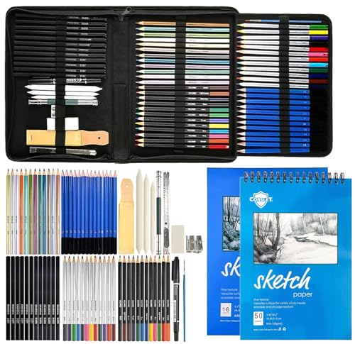 Corslet - Juego de 74 lápices de dibujo para bosquejos, suministros de arte profesional, juego de lápices de bocetos y 16 y 50 hojas A5, libro de bocetos de grafito, carbón, acuarela, lápices de color