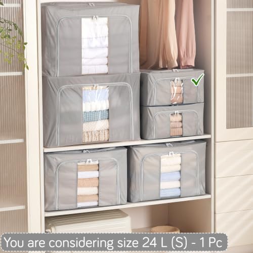 Image of HOKIPO 24L Small Folding Storage Box and Organiser for Clothes, Wardrobe Storage Box, Light Grey Pack of 1 (AR-6669-LGRY)