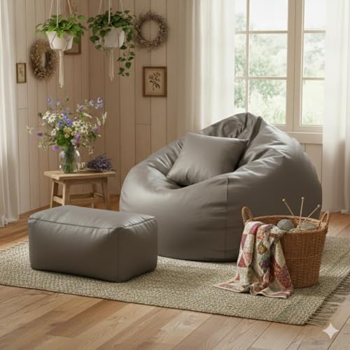 Image of Luxury 5XL Jumbo Bean Bag with Footrest & Cushion | Premium Leatherette | High-Density Beans Filled | Heavy Duty Double Stitch | 6 Months Warranty Color- (Navy Blue) (Grey)