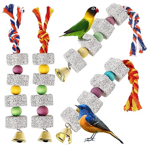 Parliky 4Pcs Bird Beak Grinding Stones for Parrots Chewing with Bells for Parrots Hanging Cage Accessories for Beak Maintenance and Healthy Playtime