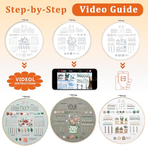 Image of LYSHIATSU 3 Sets Embroidery Kit for Beginners, Embroidery Kit for Adults with Follow Instruction, Cross Stitch Kits with Wooden Embroidery Hoops