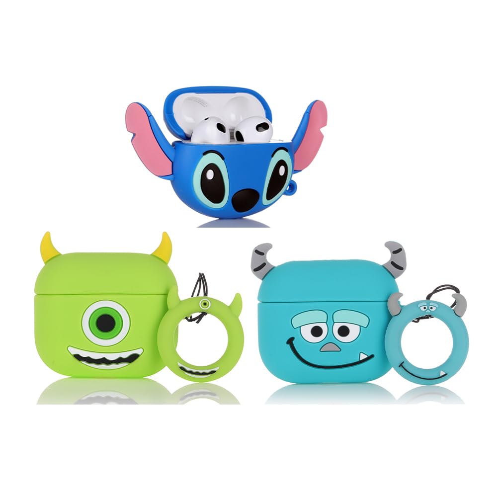(3Pack) Case for Airpods 3rd Generation(2022), XMBYGY Silicone Airpods 3 Case Protective Cover with Cute Funny Skin Design, with Keychain (MrQ+Monster+Stitch)