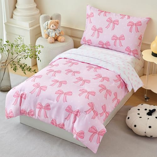Image of PERFEMET Twin Bedding Sets for Girls 4 Pieces Pink Bow Comforter Set for Kids Teen Soft Lightweight Princess Girly Bed in a Bag with Sheets for All Seasons(Bow, Twin)