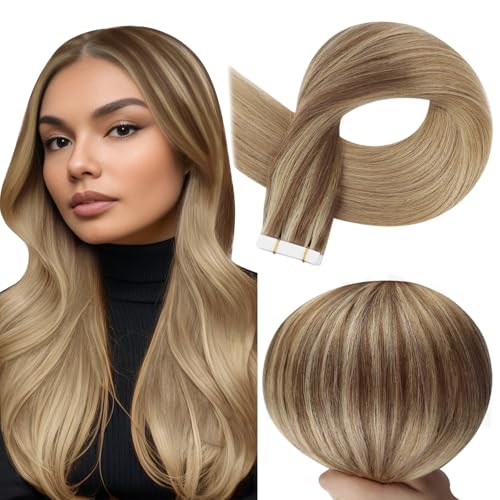 Image of Full Shine Remy Tape in Human Hair Extensions 18Inch Double Sided Tape in Extensions Color 10 /16 /16 Balayage Seamless Skin Weft Long Hair 50Gram 20Pcs for Wedding Add Length Straight