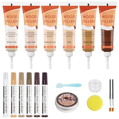 Kit Per La Riparazione dei Mobili, 6 Colori Stucco Per Legno Riempitivo e Pennarelli per Riparare Macchie, Graffi, Crepe, Fori, Parquet, Tavoli, Tavolino