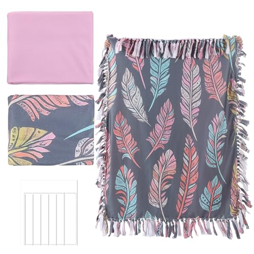 Hahafelt 3 Pcs DIY Tie Blankets Fleece Kit - No Sew Blanket Kit Includes 50x60 Inch No Sew Fleece Fabric and Ruler Template DIY Throw Making for Bed Couch(Feather)