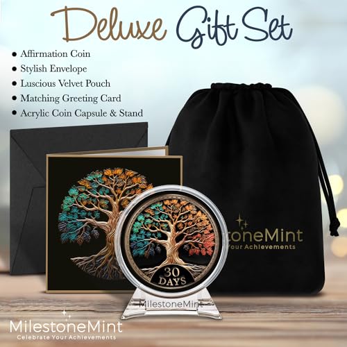 Image of MilestoneMint 30 Days Sobriety Coin Tree of Life Gift Set | Anniversary Sobriety Gifts for Men & Women | AA Coins and Medallions with Token Capsule, Stand & Card | 3D Texture, Recovery AA Chips