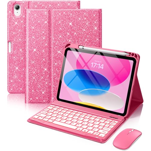 Hamile Schutzhülle für iPad A16 mit Tastatur – Maus mit Hintergrundbeleuchtung, kabellos, abnehmbare Tastatur, Glitzer, Folio-Abdeckung mit Stifthalter, für iPad 11. Generation A16 11 Zoll 2025 10