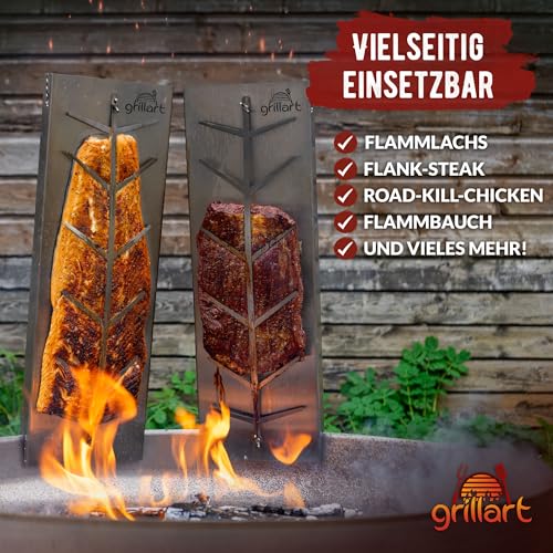 grillart® XXL Premium Flammlachsbrett aus Edelstahl – 180° drehbar & 5-fach verstellbar – Lachsbrett für Grill & Feuerstelle – Robustes Grillzubehör - 55cm lang und 18cm breit