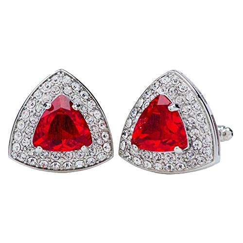 Vittorio Vico Triangular Crystal Diamond Set Cufflinks for Men - Unique Mens Jewelry - Best Gift for Him, Dad, Uncle, Bestfriend (Red, Silver Plated Stainless Steel)