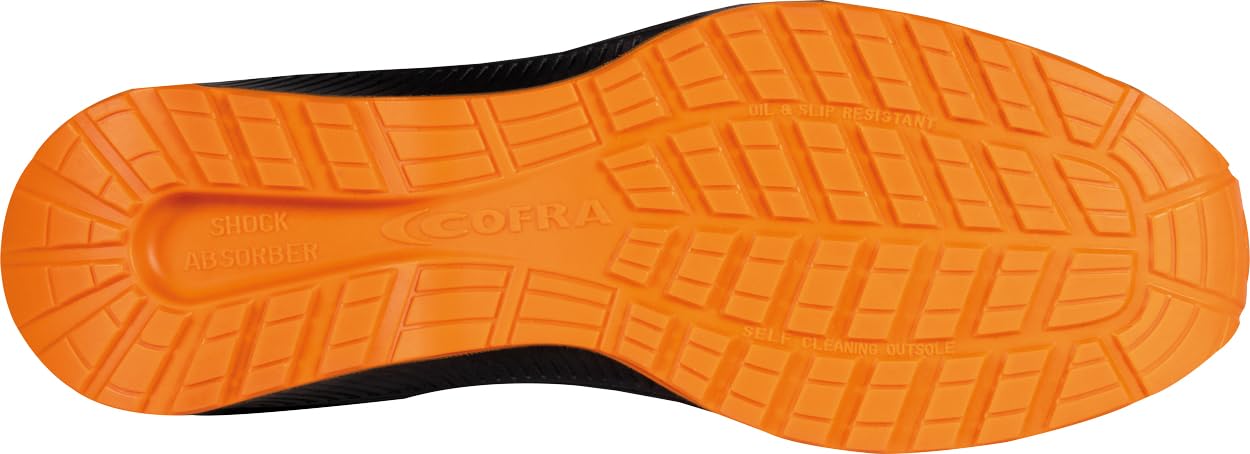 COFRA Zapato de Seguridad Grumman S3S FO SR, Negro y Naranja, Tejido TECHSHELL, Plantilla Foot-Pad, Construcción