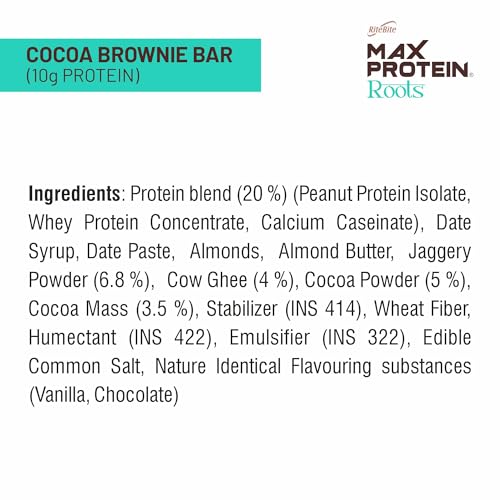 Image of RiteBite Max Protein Roots Cocoa Brownie 10g Protein Bar (Pack of 6) | Made with Ghee & Jaggery | 4g Fiber | No Palm Oil | (270g)