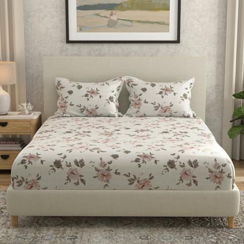 Image of Huesland by Ahmedabad Cotton 144 TC Cotton Bedsheet for Double Bed King Size with 2 Pillow Covers | White, Dusty Rose & Dull Brown