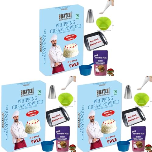 Image of BOGATCHI Whipping Cream Powder, Gluten Free | Tasty | Non-GMO, Cake Decoration Cream, 180g, Free Measuring Spoon and Baking Tool Kit - BB7 (Pack of 3)