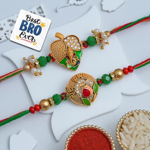Image of eCraftIndia Radhe Krishna Rose Ganesha Rakhi Set of 2 | Rakhi for Brother Bhaiya Bhai with Best Bro Ever Fridge Magnet | Roli Chawal Pack