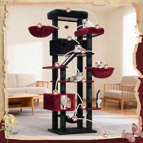 Image of Gitelsnour Tall Cat Tree Tower for for Multiple Cats, Large Condo, GCT031BR | 78.7 inch(200cm) Multi-level Scratching Post for Indoor Large Adult, 2 Condo, 4 Platforms, 3 Hammock, Sisal Rope, Toys Black