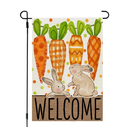 CROWNED BEAUTY Easter Garden Flag Carrots Bunny 12x18 Inch Double Sided for Outside Small Burlap Holiday Yard Flag