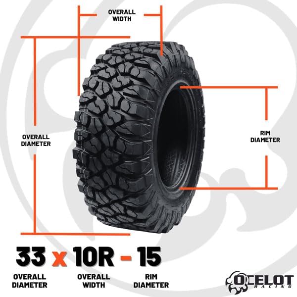 Ocelot XC729 33x10x15 UTV Tires All Terrain, Durable 8-Ply Radial Construction and Non-Directional Tread, Aggressive Thick Lugs for Diverse Terrain and Conditions - AT 33x10x15 ATV Tires