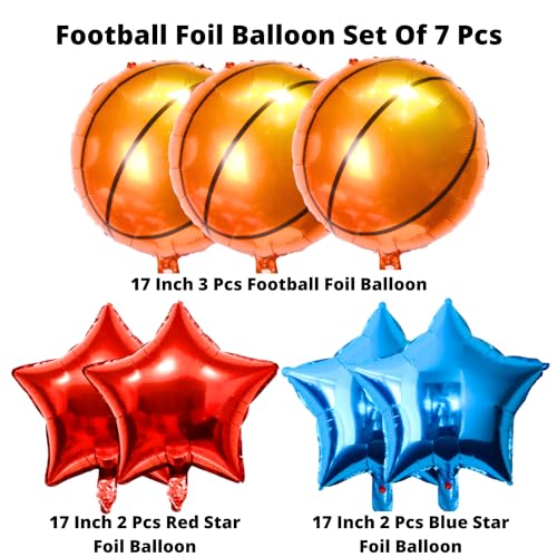 Image of Party Decorz Basketball Foil Balloon Set of 7pcs | Sports Balloon for Birthday Decor (3pcs Basketball Foil Balloons+ 2pcs Red Star Balloons+ 2pcs Blue Star Balloons)Basketball Theme Decoration Balloon