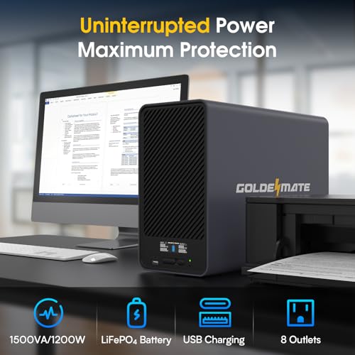 Image of GOLDENMATE 1500VA /1200W Lithium UPS Battery Backup and Surge Protector, Backup Battery Power Supply with LiFePO4 Batteries(296Wh), AVR, Line Interactive Sinewave UPS System, 8 Ports, LCD Screen, Gray