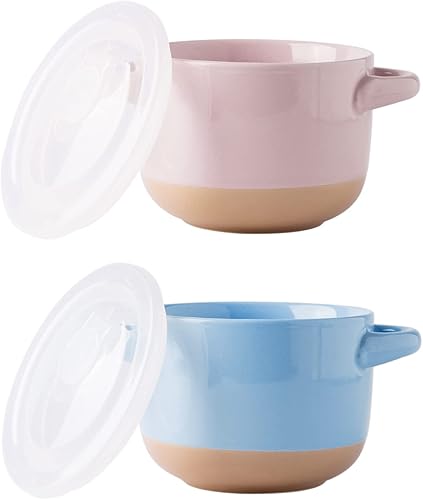 Miniatura 1 de AmorArc Juego de 2 cuencos de sopa de 24 onzas con asas grandes y tapas, cuencos de cerámica para sopa, cereales, guisos, fideos, coloridos cuencos
