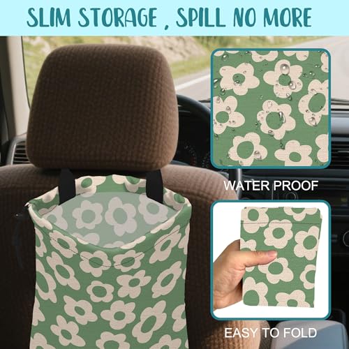 Image of Car Garbage Bag Vintage Green Groovy Flowers Drawstring Car Trash Bag Hanging for Back Seat with Adjustable Buckle Canvas Vehicle Trash Can Easy-to-Install